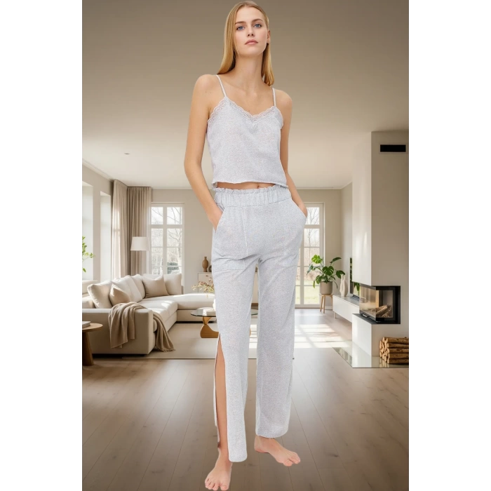 Rahat Kesim Melanj Pijama Takımı Pamuk Polyester V Yaka Uzun Paça Ve Şık