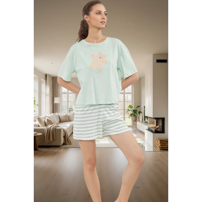 Rahat Kesim Pijama Takımı Ayıcıklı Pamuklu Yazlık Çizgili Şort Özel Tasarım