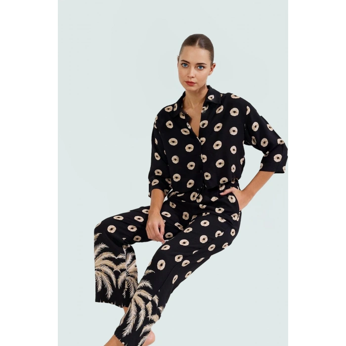 Rahat Kesim Tropikal Desenli Viskoz Plaj Takımı Gömlek ve Pantolon Modern Stil Profesyonel Görünüm
