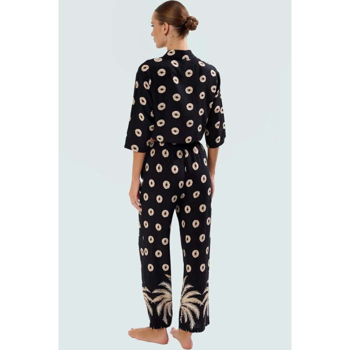 Rahat Kesim Tropikal Desenli Viskoz Plaj Takımı Gömlek ve Pantolon Modern Stil Profesyonel Görünüm