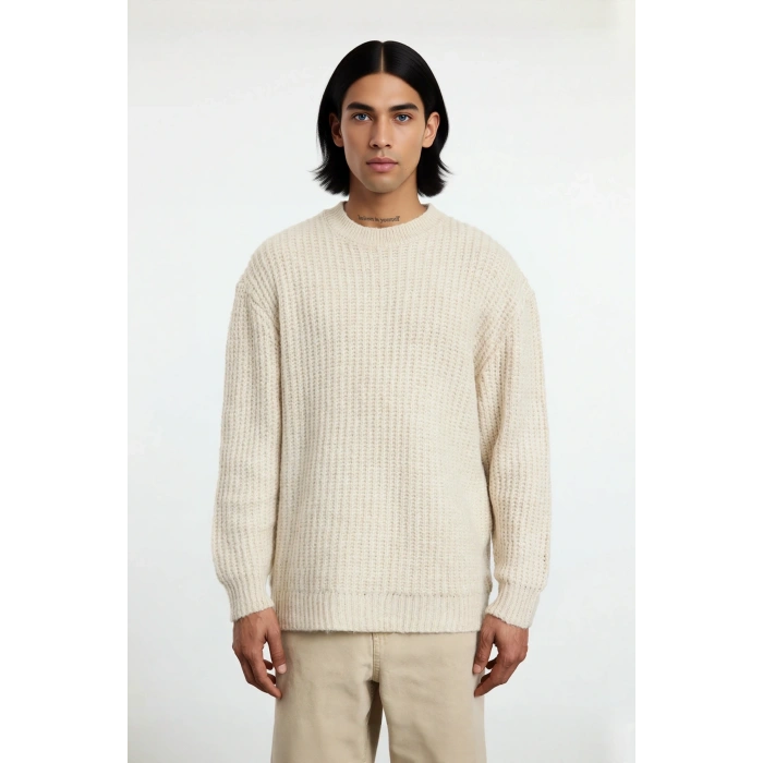 Rahat Kesim Unisex Oversize Basic Triko Kazak Uzun Kollu Bisiklet Yaka Dokulu Kış Modası Kaliteli