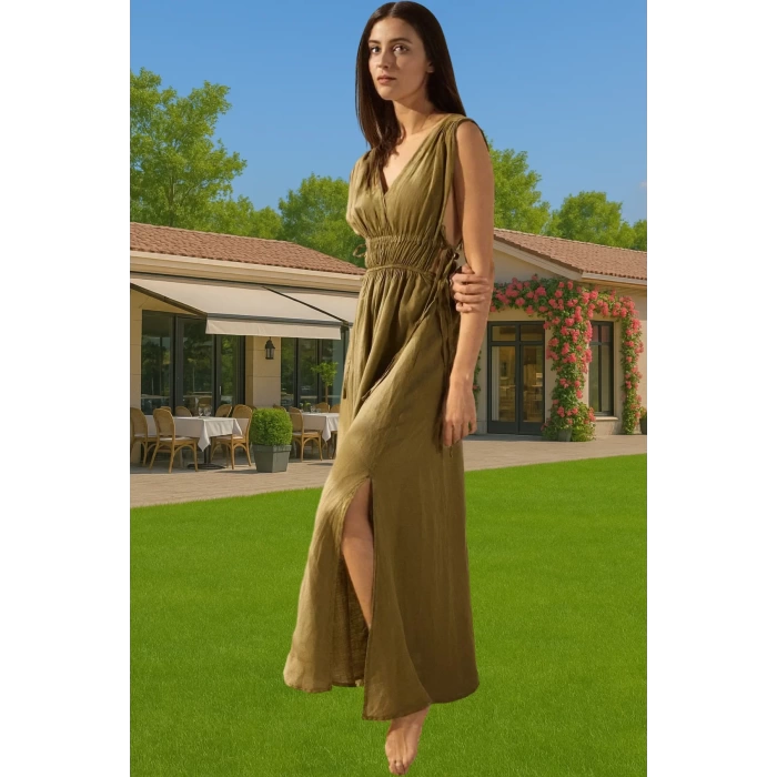 Rahat Keten Maxi Elbise Büzgü Detaylı Yazlık Plaj Giysisi Modern Stil Trend Tasarım