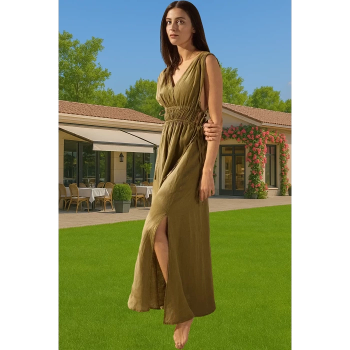 Rahat Keten Maxi Elbise Büzgü Detaylı Yazlık Plaj Giysisi Modern Stil Trend Tasarım