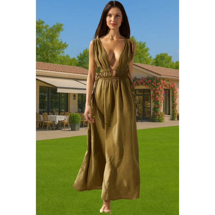 Rahat Keten Maxi Elbise Büzgü Detaylı Yazlık Plaj Giysisi Modern Stil Trend Tasarım