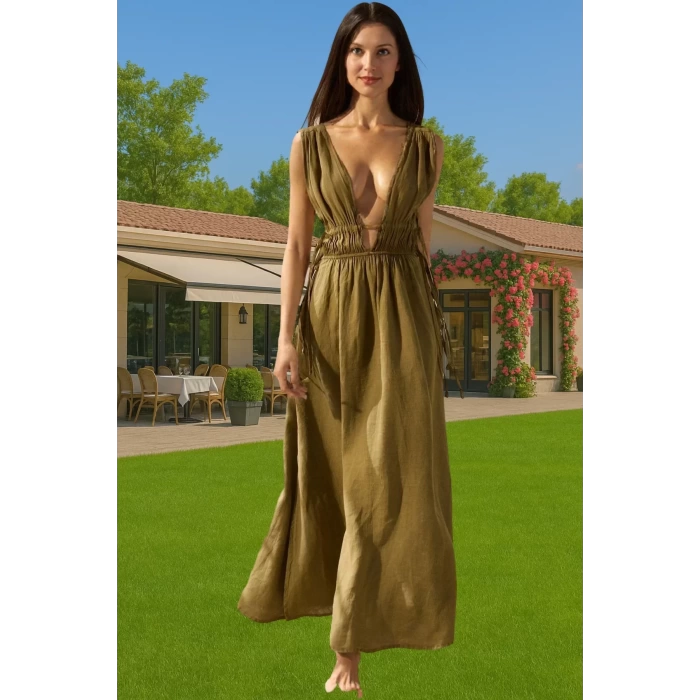 Rahat Keten Maxi Elbise Büzgü Detaylı Yazlık Plaj Giysisi Modern Stil Trend Tasarım