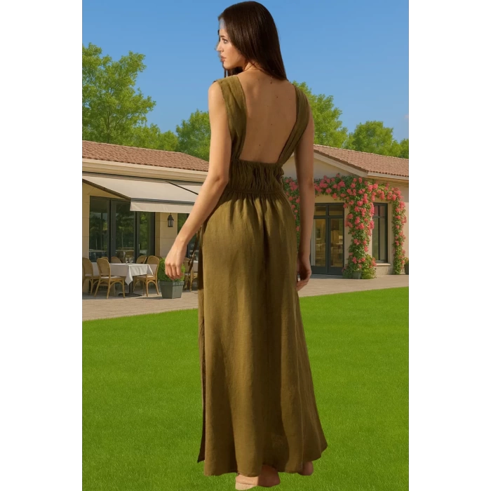 Rahat Keten Maxi Elbise Büzgü Detaylı Yazlık Plaj Giysisi Modern Stil Trend Tasarım