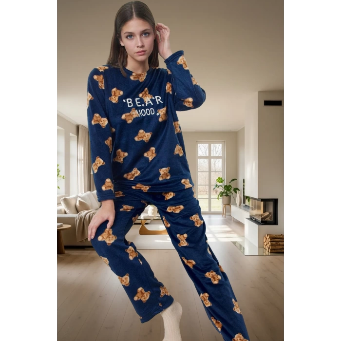Rahat Kışlık Pijama Takımı Polar Kumaş Ayıcıklı Desen Boru Paça Seçkin Malzeme Zarifane Tasarım