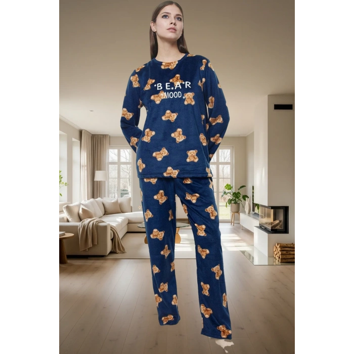 Rahat Kışlık Pijama Takımı Polar Kumaş Ayıcıklı Desen Boru Paça Seçkin Malzeme Zarifane Tasarım