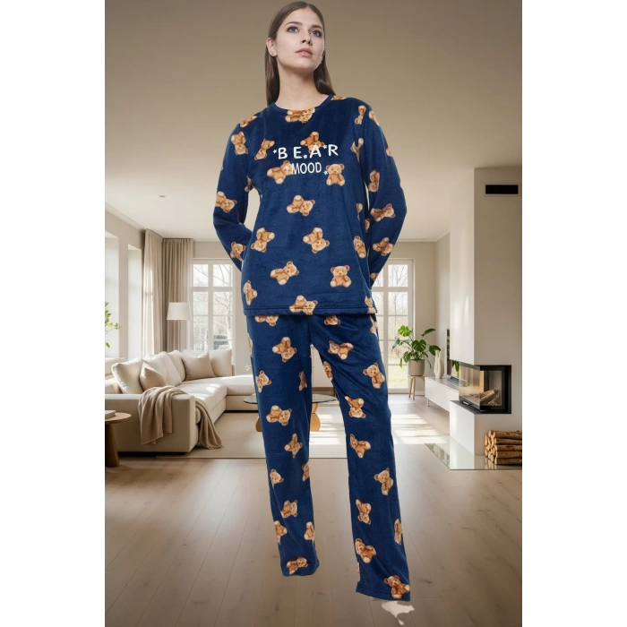 Rahat Kışlık Pijama Takımı Polar Kumaş Ayıcıklı Desen Boru Paça Seçkin Malzeme Zarifane Tasarım