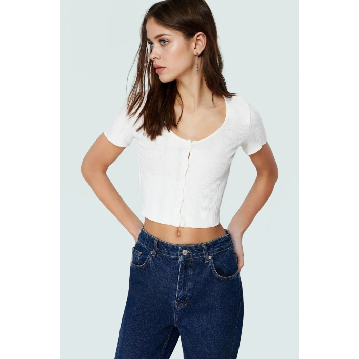 Rahat Örme Bluz Havuz Yaka Kısa Kol Crop Polyester Yazlık Seçkin Malzeme Dayanıklı
