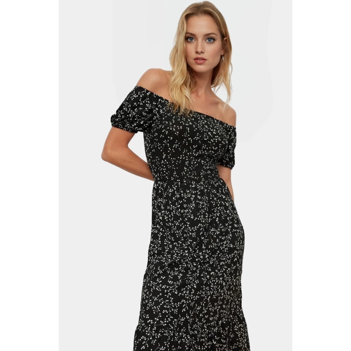 Rahat Örme Midi Elbise 93%Polyester 7%Elastan Carmen Yaka Puantiyeli Konforlu Kesim