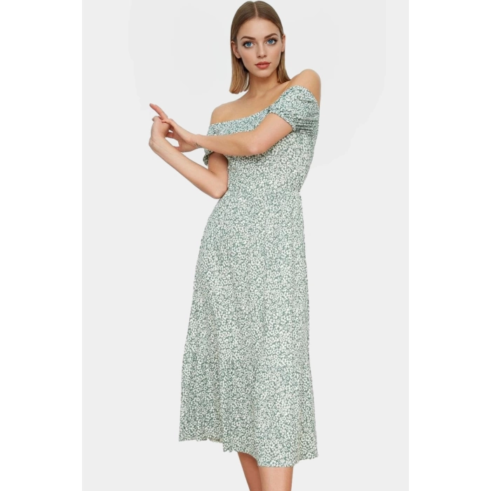 Rahat Örme Midi Elbise 93%Polyester 7%Elastan Carmen Yaka Puantiyeli Konforlu Kesim
