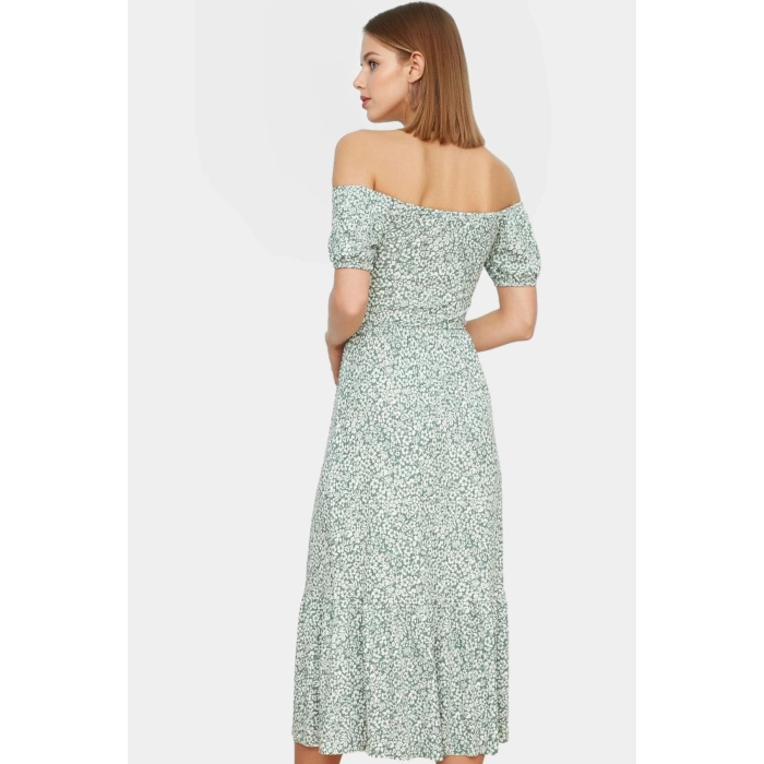 Rahat Örme Midi Elbise 93%Polyester 7%Elastan Carmen Yaka Puantiyeli Konforlu Kesim