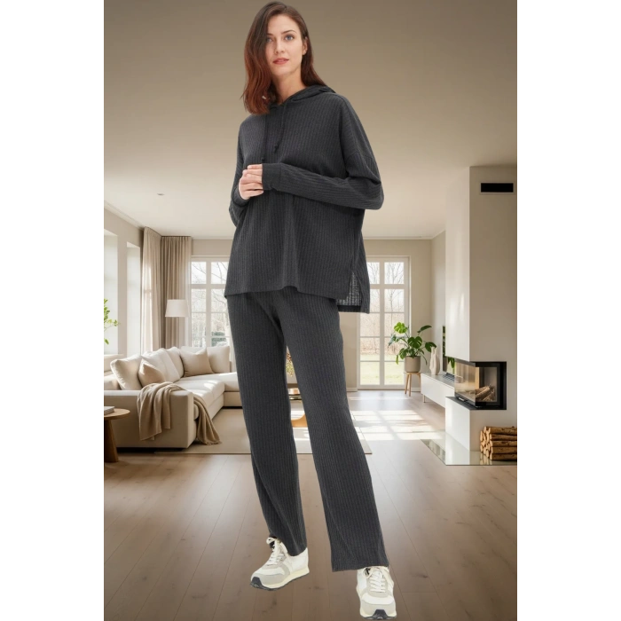 Rahat Örme Pijama Takımı Kapüşonlu Uzun Kollu 2 Parça Kullanım Mükemmel Uyum