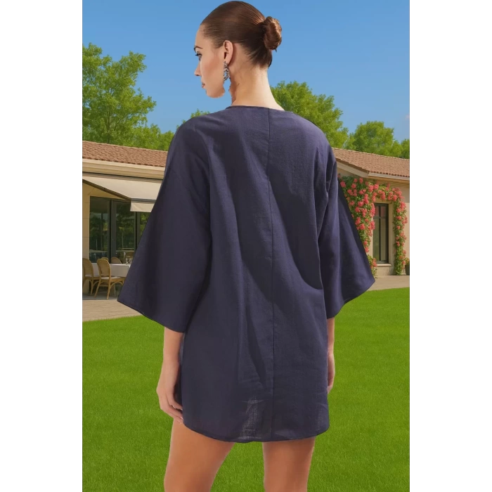 Rahat Pamuklu Aksesuarlı Shift Keten Görünümlü Midi Yazlık Elbise Modern Stil Mükemmel Uyum