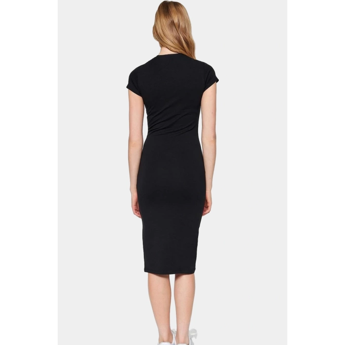 Rahat Pamuklu Bodycon Midi Elbise Örme Kumaş Bisiklet Yaka Yazlık Premium Kalite Özenle Seçilmiş