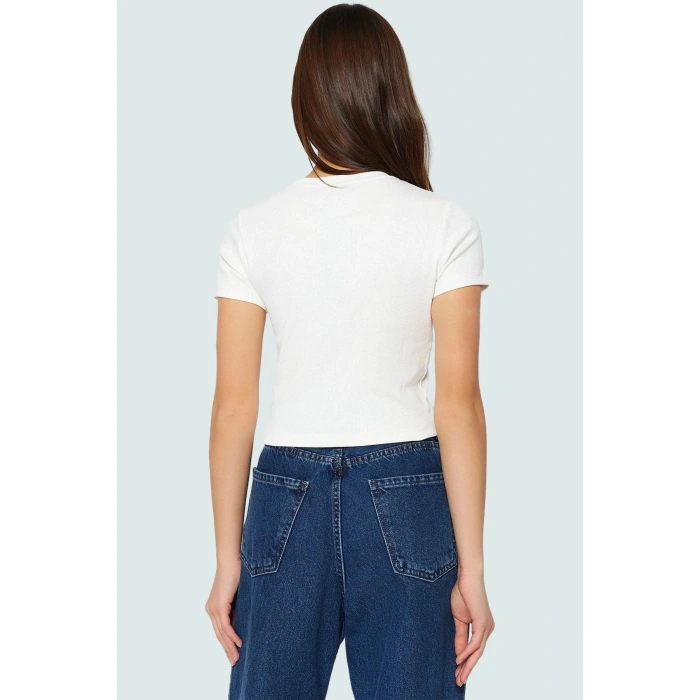Rahat Pamuklu Kaşkorse Crop Bluz Bisiklet Yaka Kısa Kol Yazlık Ve Şık
