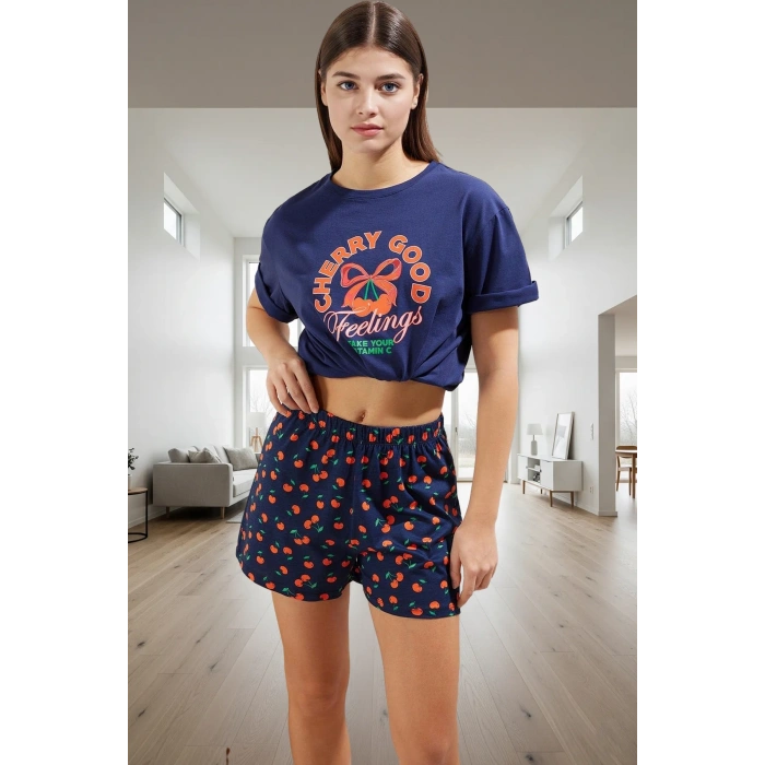 Rahat Pamuklu Kiraz Desenli Pijama Takımı Yazlık Şort ve T Shirt Mükemmel Uyum Zarifane Tasarım
