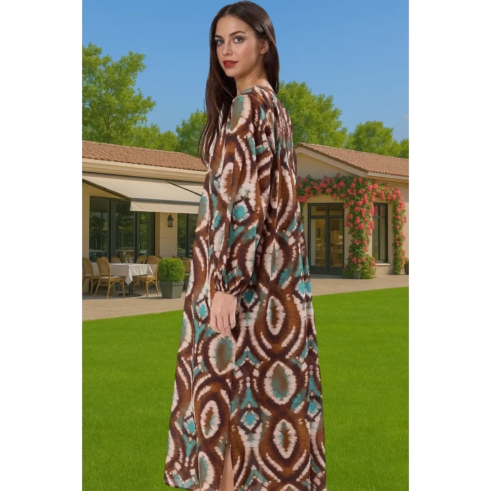 Rahat Pamuklu Maxi Elbise Etnik Desenli Balon Kol Günlük Şık Şık Görünüm Seçkin Malzeme Modern Stil