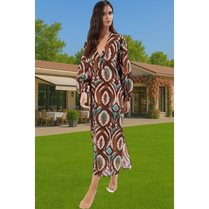 Rahat Pamuklu Maxi Elbise Etnik Desenli Balon Kol Günlük Şık Şık Görünüm Seçkin Malzeme Modern Stil