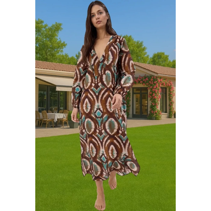 Rahat Pamuklu Maxi Elbise Etnik Desenli Balon Kol Günlük Şık Şık Görünüm Seçkin Malzeme Modern Stil