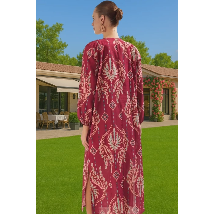 Rahat Pamuklu Maxi Elbise Etnik Desenli Balon Kol Günlük Şık Şık Görünüm Seçkin Malzeme Modern Stil