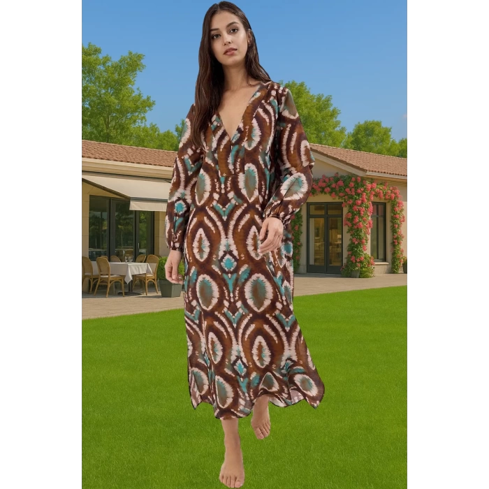 Rahat Pamuklu Maxi Elbise Etnik Desenli Balon Kol Günlük Şık Şık Görünüm Seçkin Malzeme Modern Stil