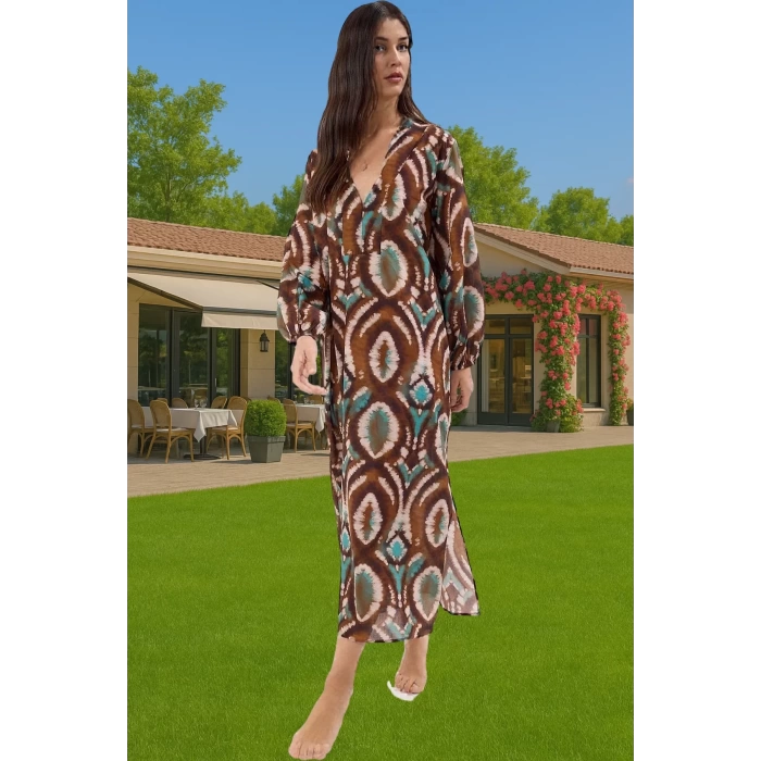 Rahat Pamuklu Maxi Elbise Etnik Desenli Balon Kol Günlük Şık Şık Görünüm Seçkin Malzeme Modern Stil