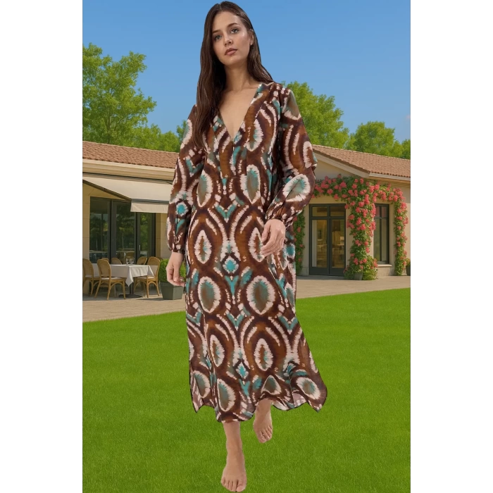 Rahat Pamuklu Maxi Elbise Etnik Desenli Balon Kol Günlük Şık Şık Görünüm Seçkin Malzeme Modern Stil