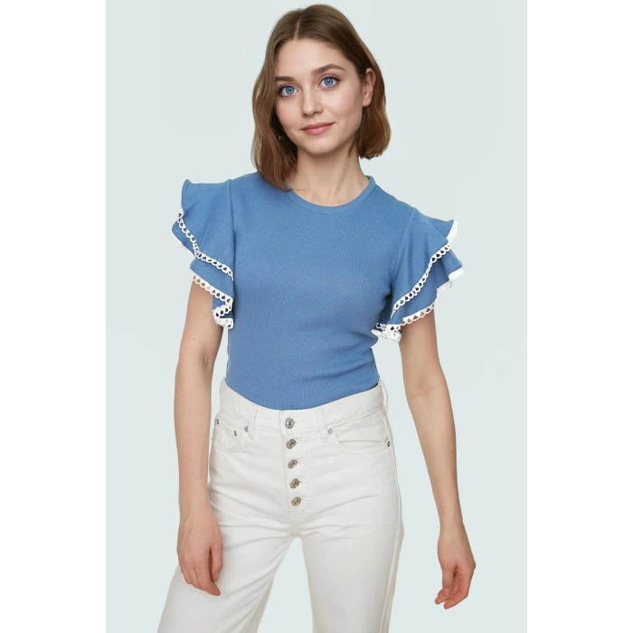 Rahat Pamuklu Örme Bluz Kadın Yazlık Bisiklet Yaka Fitted Basic Kaliteli İşçilik Ve Şık