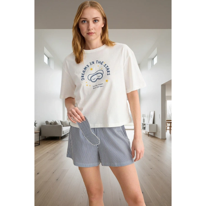 Rahat Pamuklu Pijama Takımı Çizgili Desenli Bisiklet Yaka Kısa Kollu Seçkin Malzeme