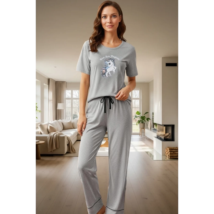 Rahat Pamuklu Pijama Takımı; Unicorn Baskı Melanj Regular Kalıp Günlük Kullanım İçin
