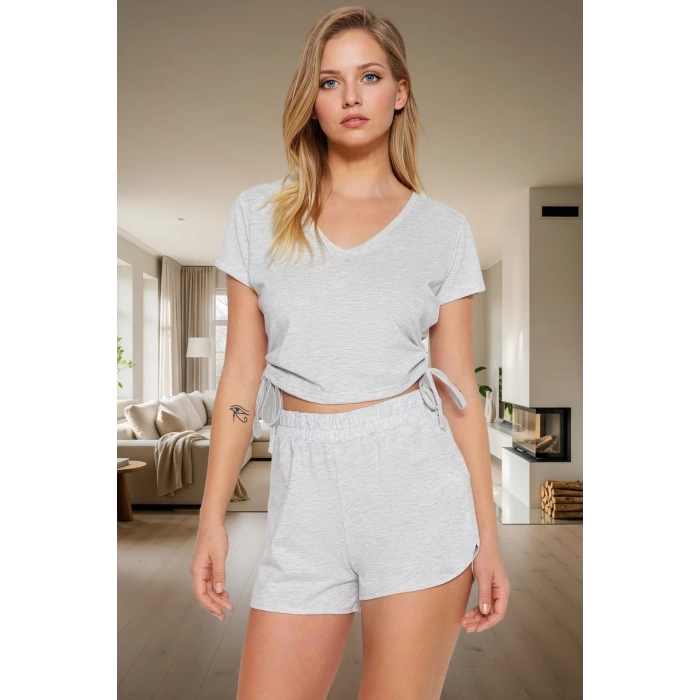 Rahat Pijama Takımı %54 Polyester %46 Pamuk Boru Paça Şort V Yaka Uzun Ömürlü Mükemmel Uyum