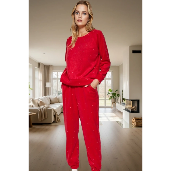 Rahat Polar Pijama Takımı Puantiyeli Regular Kalıp %100 Polyester Ve Şık