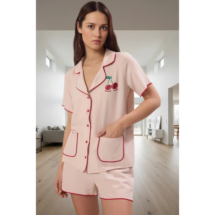 Rahat Saten Pijama Takımı Kiraz Nakış Detayı ile Şık Ev Giyim Seti Özenle Seçilmiş