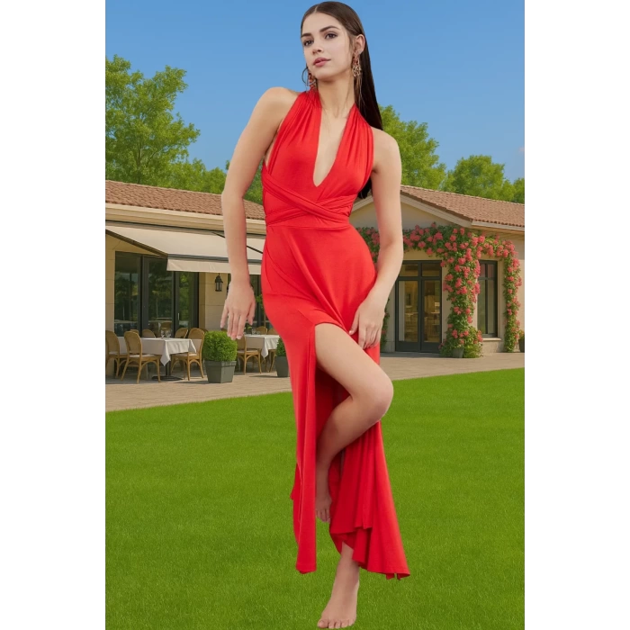 Rahat V Yaka Bağlamalı Maxi Elbise Nefes Alan Polyester Kumaş Rahat Ve Şık Premium Kalite
