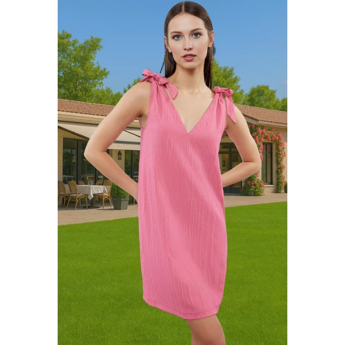 Rahat V Yaka Bağlamalı Mini Elbise Crinkle Dokuma Polyester Yazlık Seçkin Malzeme Yüksek Kalite