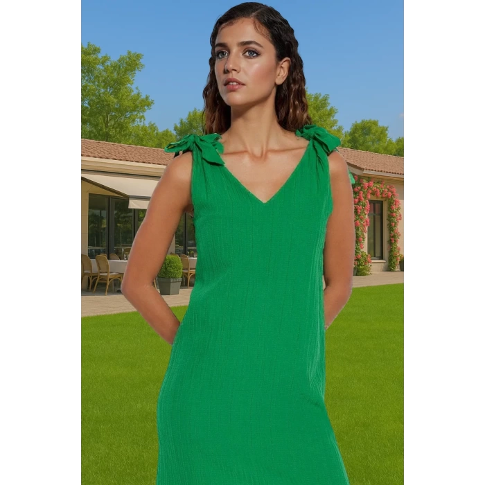 Rahat V Yaka Bağlamalı Mini Elbise Crinkle Dokuma Polyester Yazlık Seçkin Malzeme Yüksek Kalite