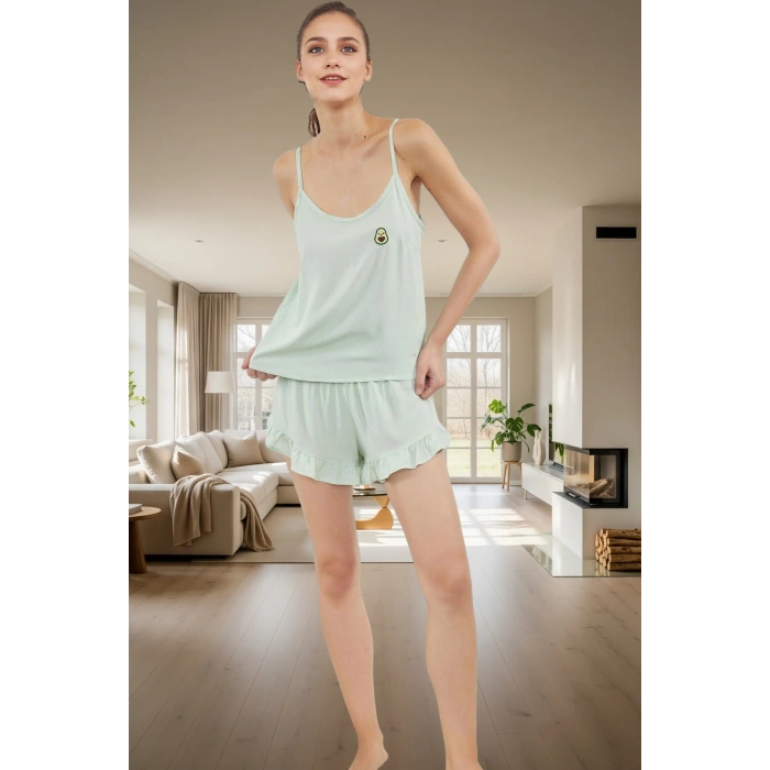 Rahat V Yaka Kolsuz Viskoz Pijama Takımı Kiraz Desenli Şortlu Günlük Kullanım İçin