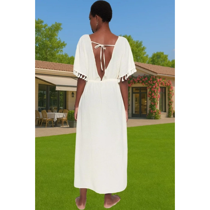 Rahat V Yaka Maxi Plaj Elbisesi Dokuma Crinkle Kumaş Premium Kalite Modern Stil Mükemmel Uyum