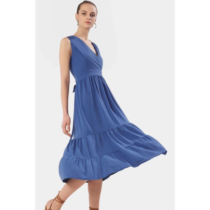 Rahat V Yaka Midi Elbise Polyester Dokuma Kumaş Yazlık Günlük Stil Kullanım İçin