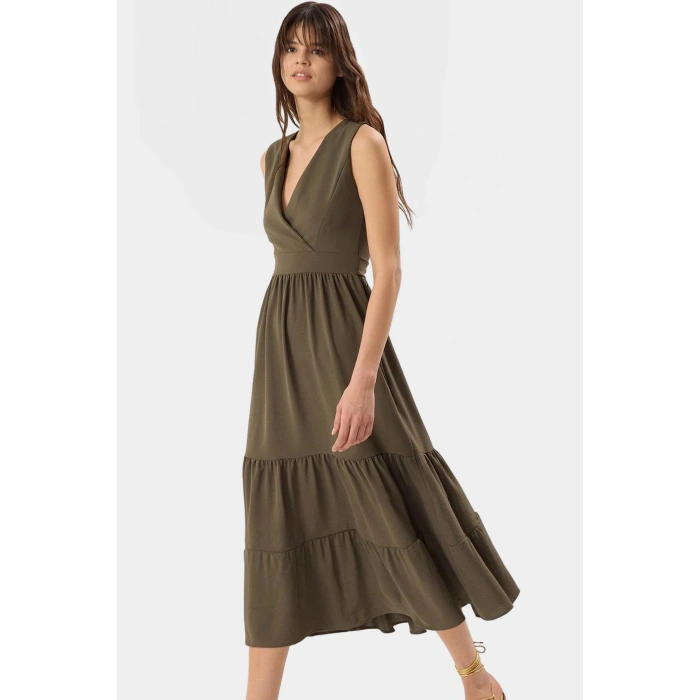 Rahat V Yaka Midi Elbise Polyester Dokuma Kumaş Yazlık Günlük Stil Kullanım İçin