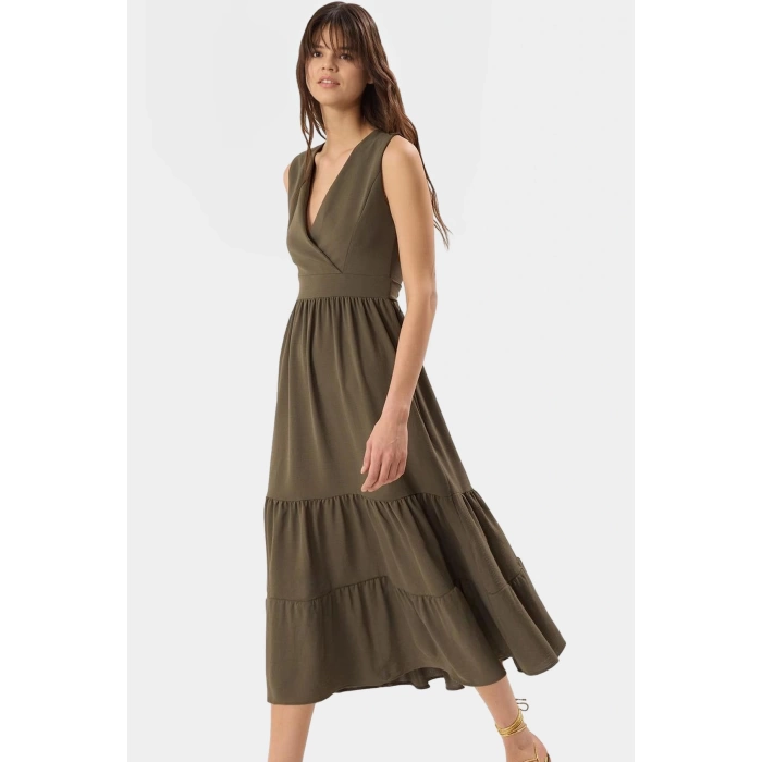 Rahat V Yaka Midi Elbise Polyester Dokuma Kumaş Yazlık Günlük Stil Kullanım İçin