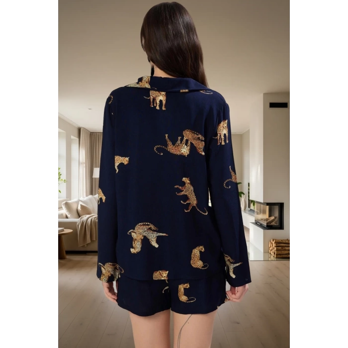 Rahat ve Şık 100% Viskon Kaplan Desenli Pijama Takımı Uzun Ömürlü Görünüm Günlük Kullanım İçin