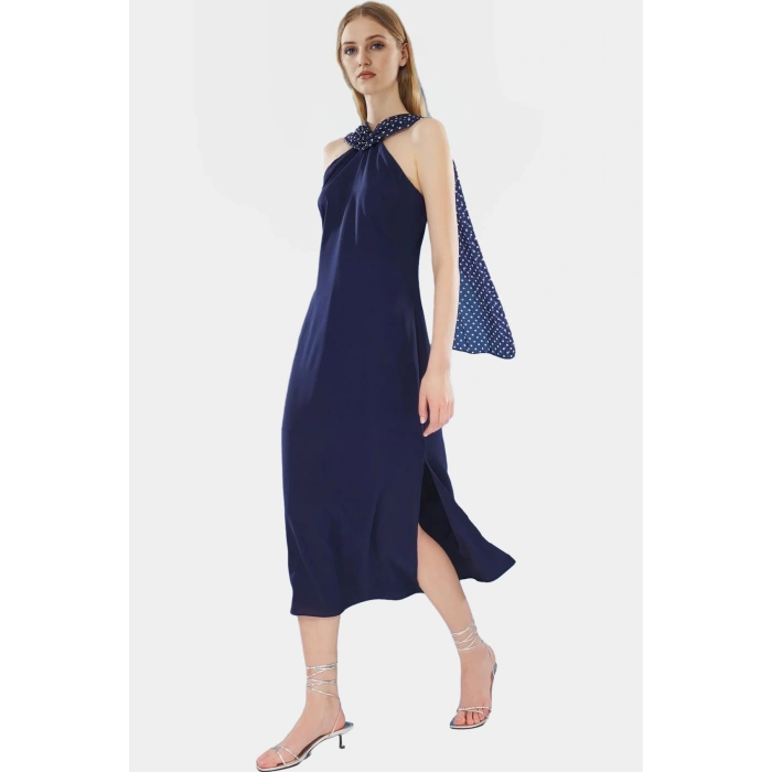 Rahat ve Şık A line Halter Yaka Maxi Elbise Dokuma Polyester Şifon Kumaş Konforlu Kesim