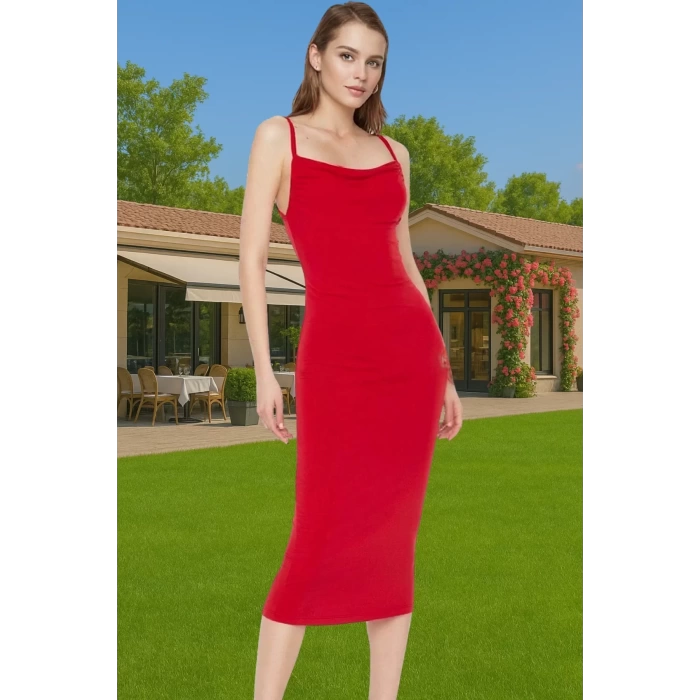 Rahat Ve Şık Askılı Midi Elbise Polyester Elastan Örme Kumaş Kaliteli İşçilik Özenle Seçilmiş