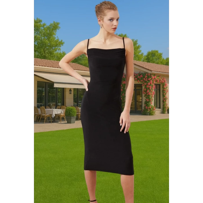 Rahat Ve Şık Askılı Midi Elbise Polyester Elastan Örme Kumaş Kaliteli İşçilik Özenle Seçilmiş