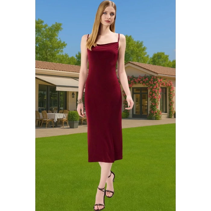 Rahat Ve Şık Askılı Midi Elbise Polyester Elastan Örme Kumaş Kaliteli İşçilik Özenle Seçilmiş