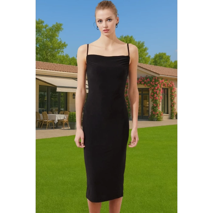 Rahat Ve Şık Askılı Midi Elbise Polyester Elastan Örme Kumaş Kaliteli İşçilik Özenle Seçilmiş