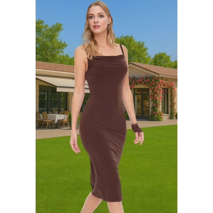 Rahat Ve Şık Askılı Midi Elbise Polyester Elastan Örme Kumaş Kaliteli İşçilik Özenle Seçilmiş